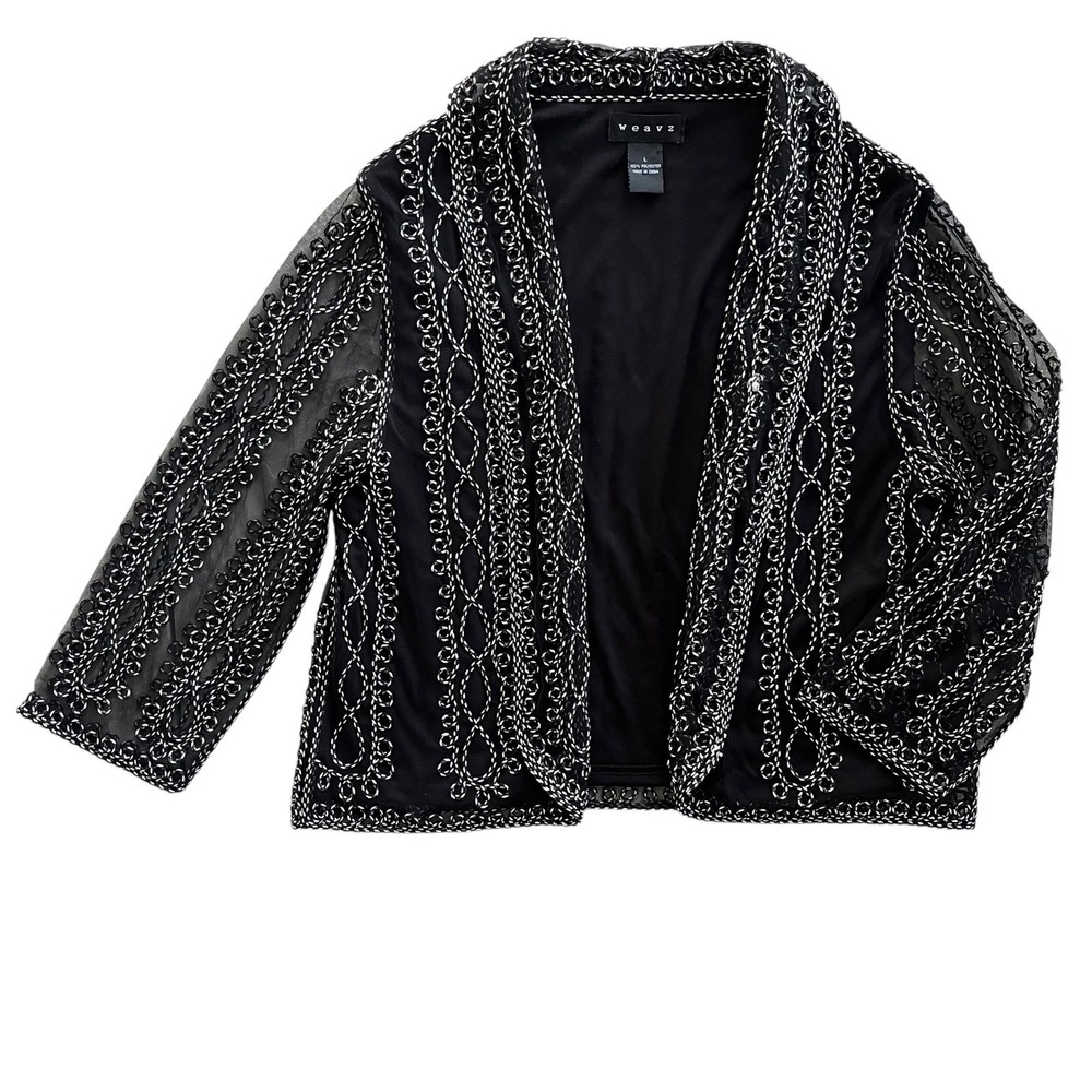 Weavz Women L Black White Woven Net Lace Sheer Sleeves Open Front Blazer Evening